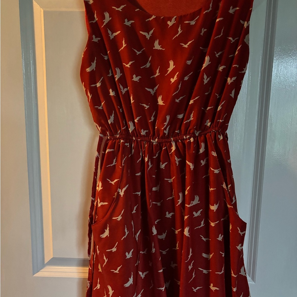 Burnt Orange Dress with Bird Print